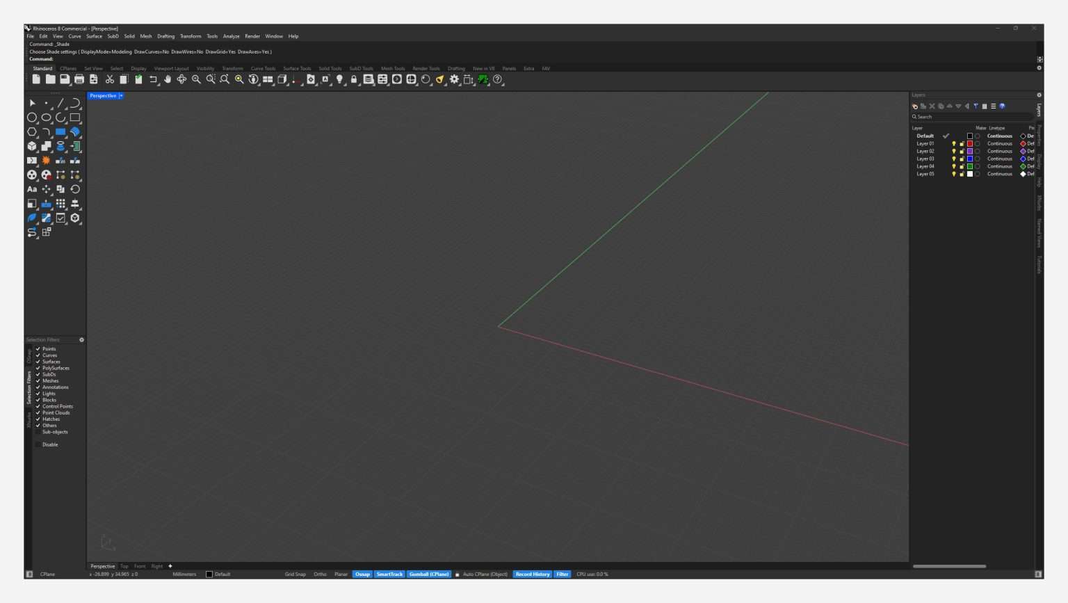 Rhino 8 workspace using the RhinoUI dark interface and custom icon set