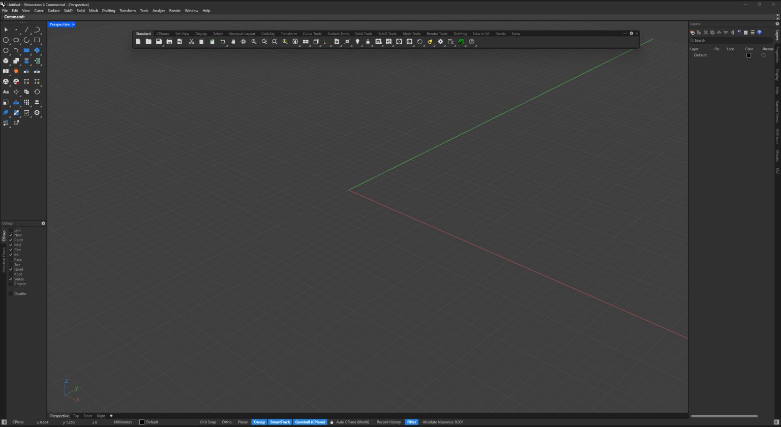 Rhino 8 using the refined RhinoUI dark mode