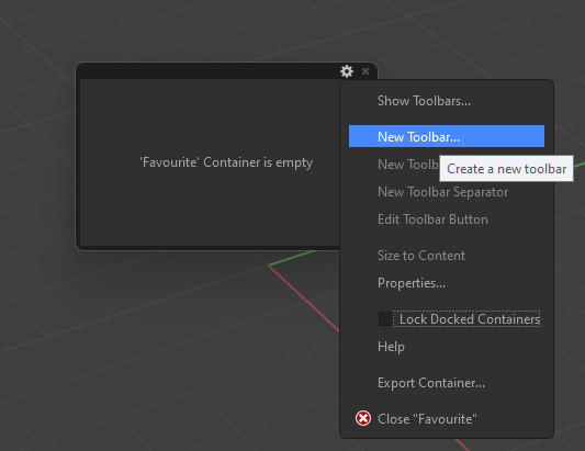 Menu for creating a new toolbar in Rhino 8