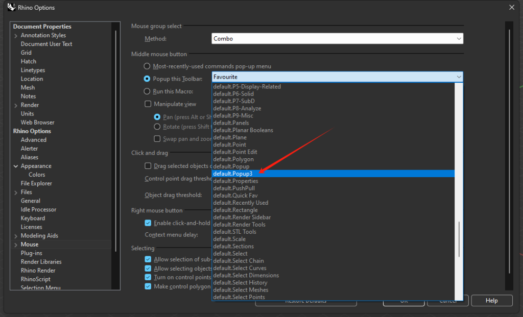 Selecting a new toolbar for the middle mouse popup
